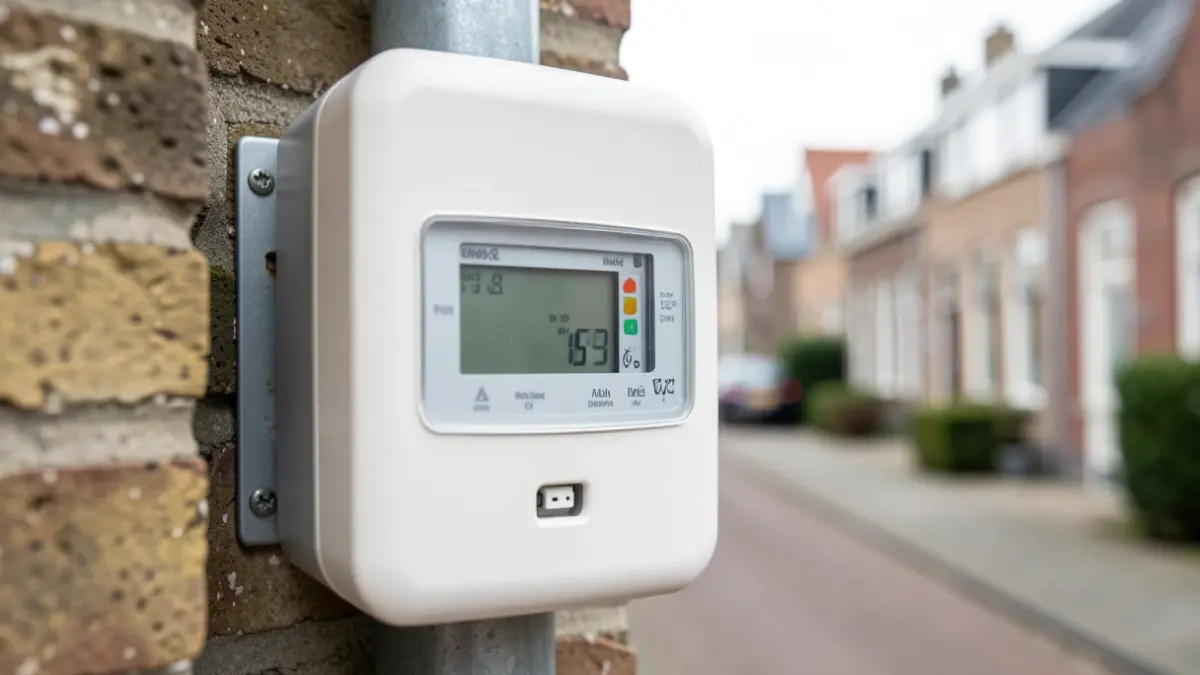 Close-up of a digital electricity meter with a blurred background of a Flemish residential street, soft daylight, focus on the meter's display.