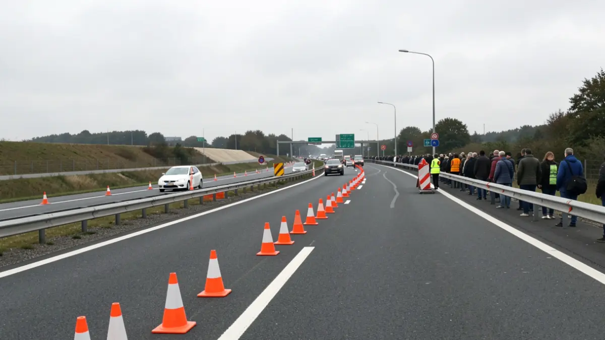 Generieke afbeelding van wegwerkzaamheden op een snelweg in Vlaanderen met verkeerskegels en barrières.