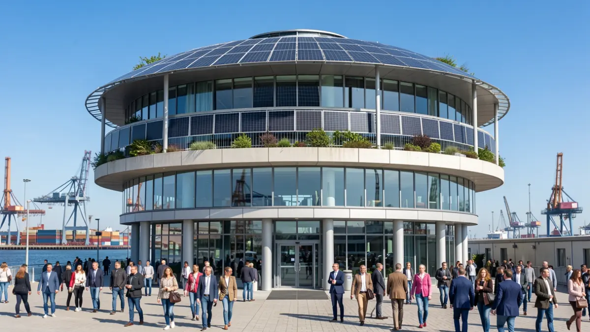 Generieke afbeelding van een modern, circulair gebouw met zonnepanelen en groene elementen, tegen een industriële achtergrond.