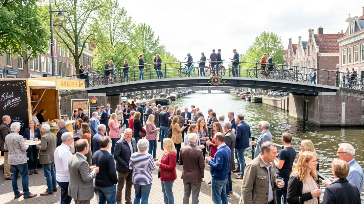 Festive opening of a new pedestrian and bicycle bridge over the canal in Lanklaar, with a waffle stand and local residents.