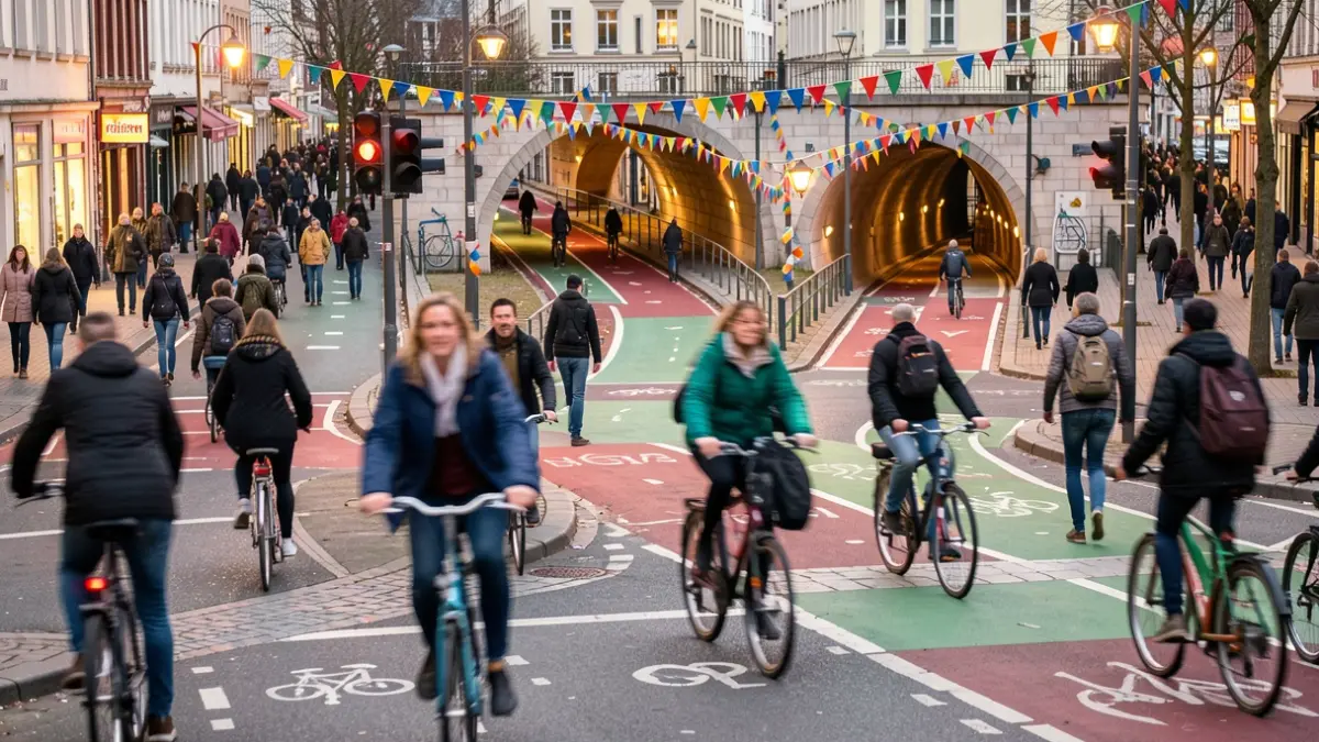 Feestelijke opening van een vernieuwd kruispunt met fietsers en voetgangers, met focus op de nieuwe infrastructuur.