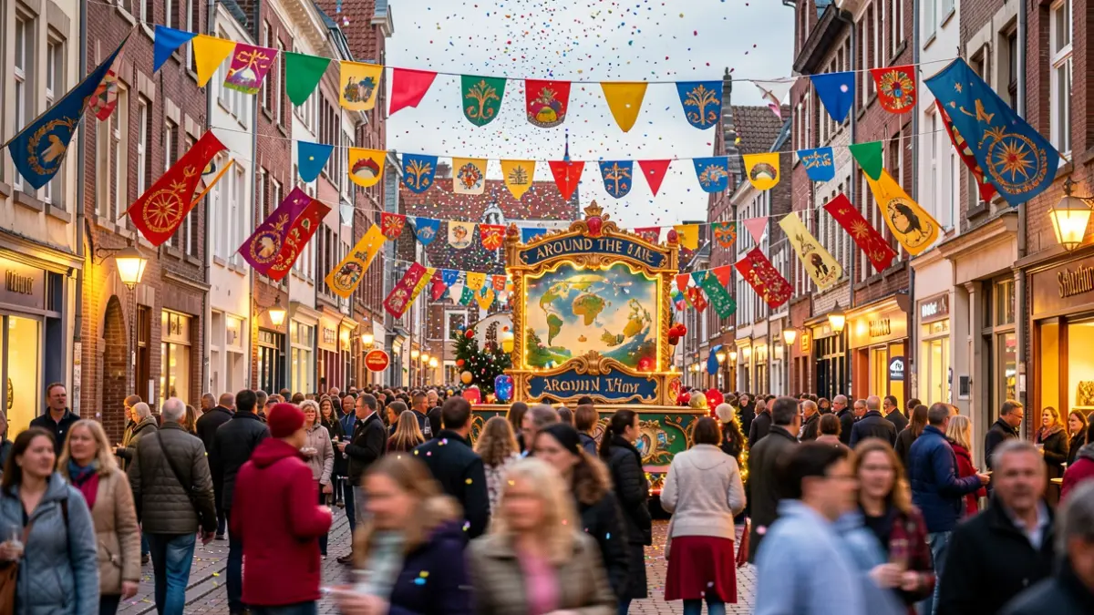 Generieke afbeelding van een feestelijke stoet in een Vlaamse stad met kleurrijke versieringen en confetti. De afbeelding toont een praalwagen met het thema 'reis rond de wereld'.