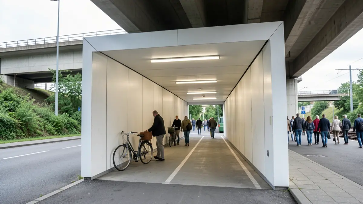 Generic image of a modern bicycle and pedestrian tunnel under a viaduct, with greenery and a station in the background.