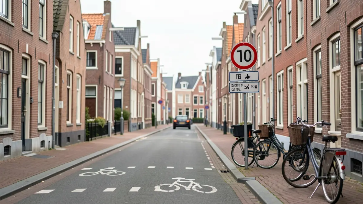 Generic image of a bicycle street in Flanders, showing traffic signs indicating the new rules and typical Flemish houses in the background.
