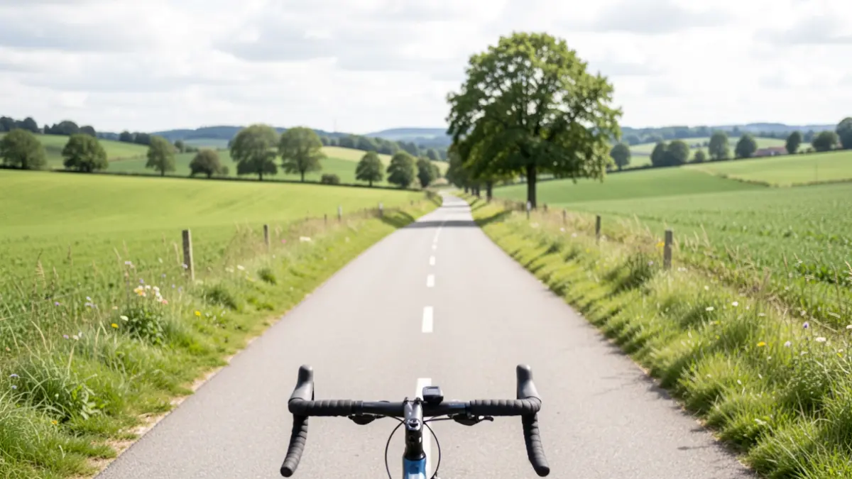 Generic image of a bike path through a green Flemish landscape with rolling hills and trees under a bright, slightly overcast sky.