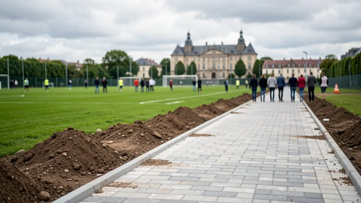 Construction work for a new bicycle connection in Zemst, focusing on the path being laid and the surrounding area.