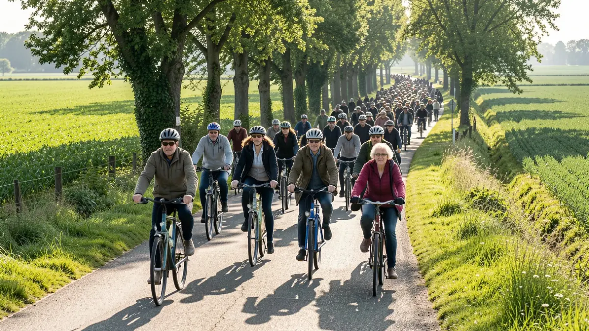 Fietsers op een drukke fietssnelweg in Limburg tijdens de ochtendspits.