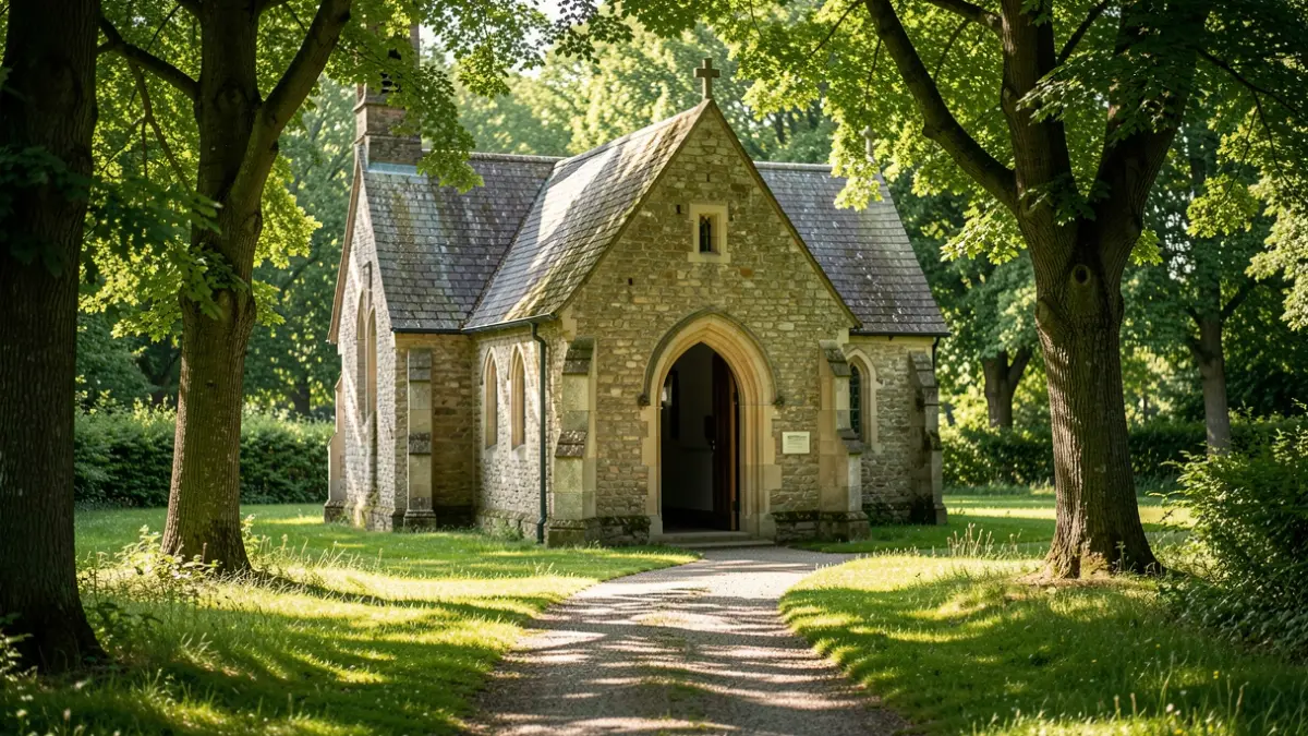 A charming, traditional stone chapel in a green park in Flanders, with sunlight illuminating the path to the chapel.