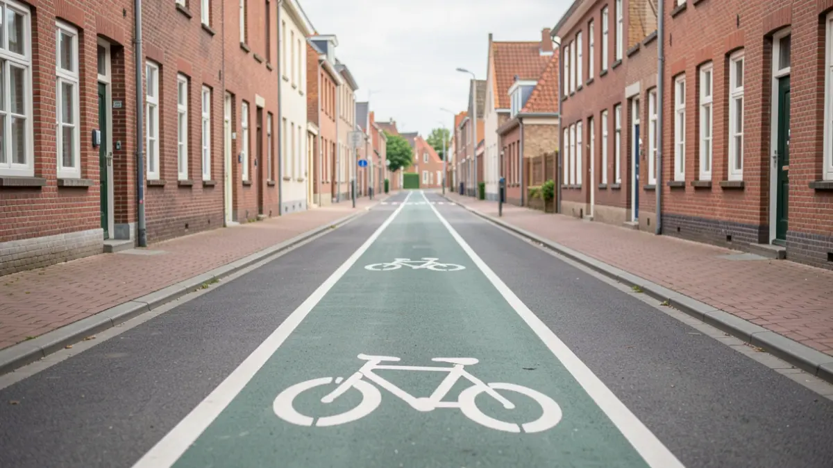 Generic image of a bicycle zone in a Flemish municipality with clear road markings and traditional brick houses.