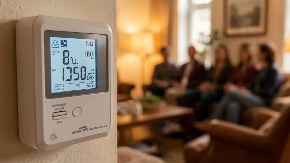 Digitale meter voor energievoorschotten met een warme woonkamer op de achtergrond.