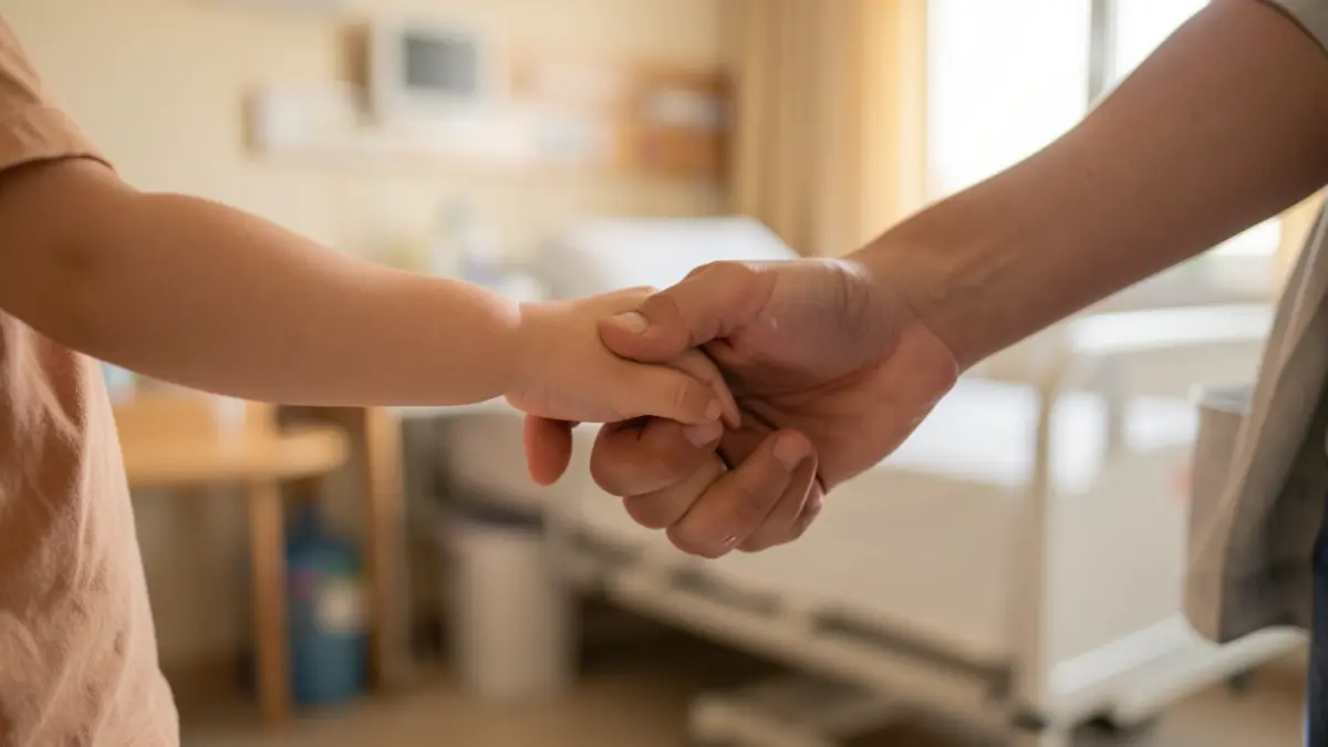 Generic image of a child's hand holding a parent's finger, with a blurred hospital room in the background. Soft, warm lighting.