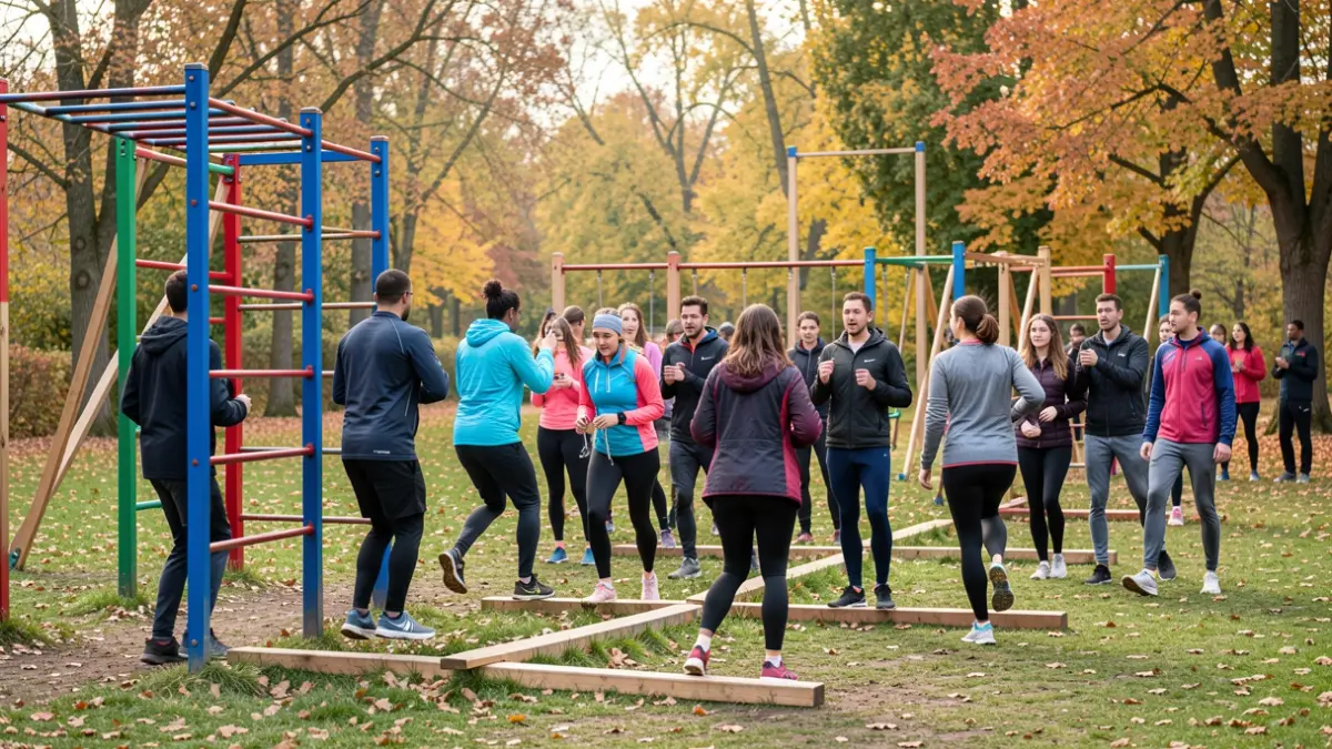 Een groep deelnemers aan een hindernisbaan in een park, met klimrekken en evenwichtsbalken. De sfeer is energiek en gefocust.