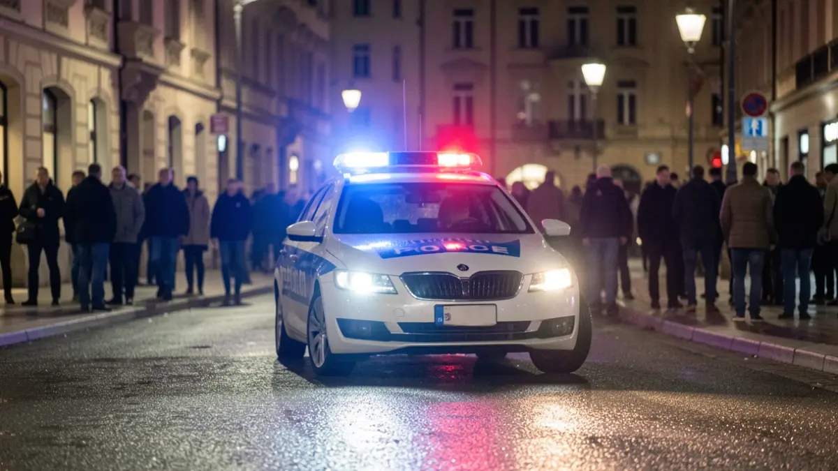 Generic image of police flashing lights on wet asphalt at night.
