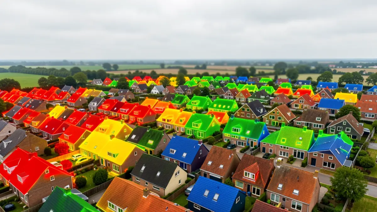 Generic image of an aerial view of rooftops showing heat loss indicators.