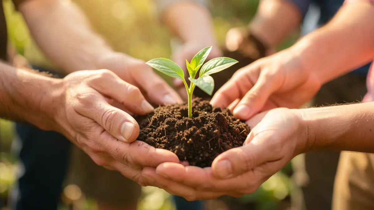 Generieke afbeelding van een hand die een kleine, levendige groene zaailing met rijke aarde vasthoudt, met op de achtergrond vervaagde handen die reiken, warm natuurlijk licht.