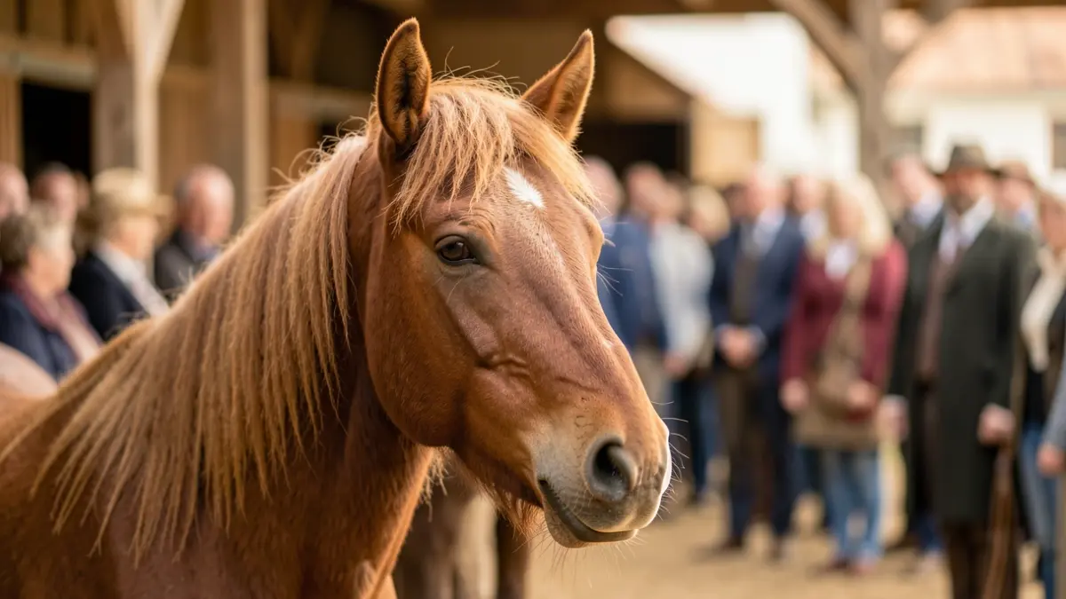 Generic image of a horse's head with a gentle expression, against a blurred background of a stable or riding arena. Warm, natural lighting.