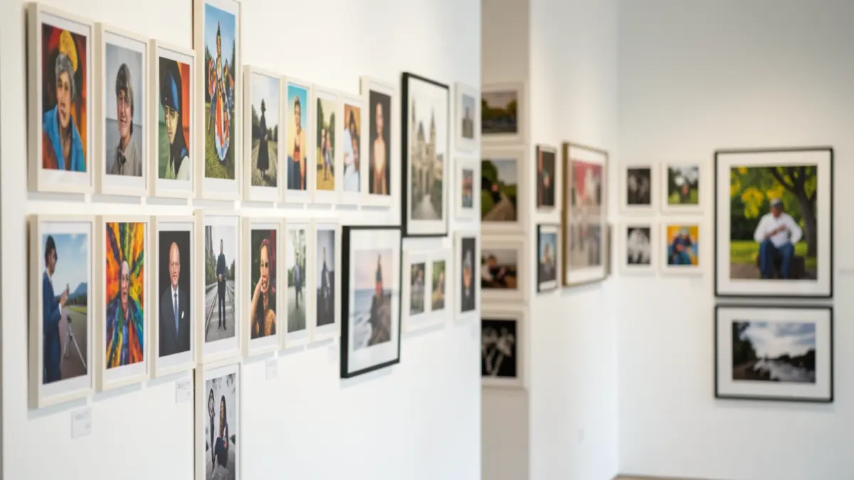 Een verzameling diverse foto's tentoongesteld in een galerij, met nadruk op artistieke interpretatie.