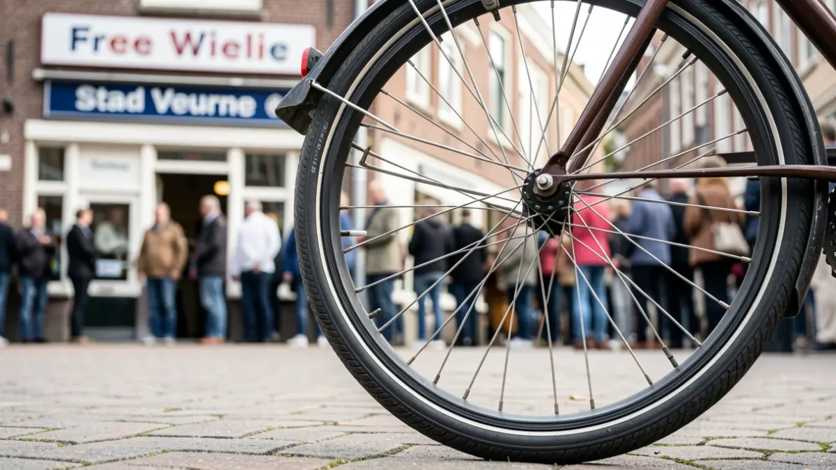 Een fietswiel van Free Wielie in Veurne, met op de achtergrond de gevel van het uitleencentrum.