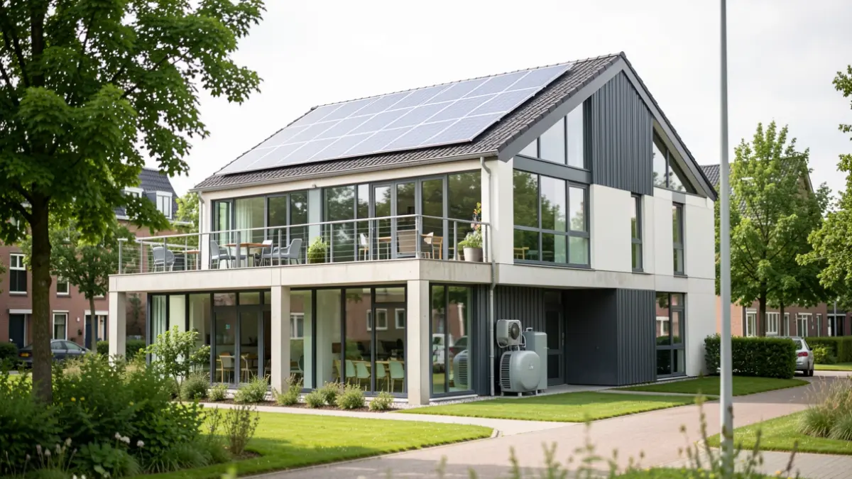 New school building of freinetschool 't Sas in Nieuw Gent, a sustainable passive house with solar panels.
