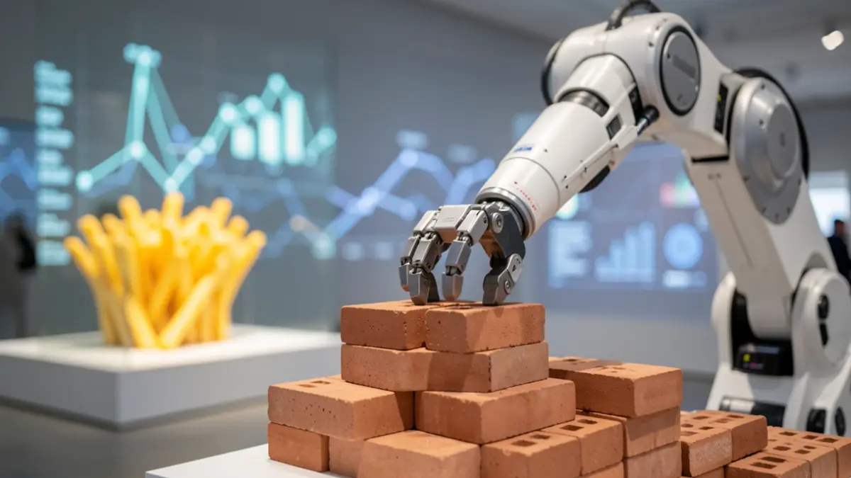 Generic image of a robot laying bricks, with virtual fries and data visualizations in the background within an exhibition hall.