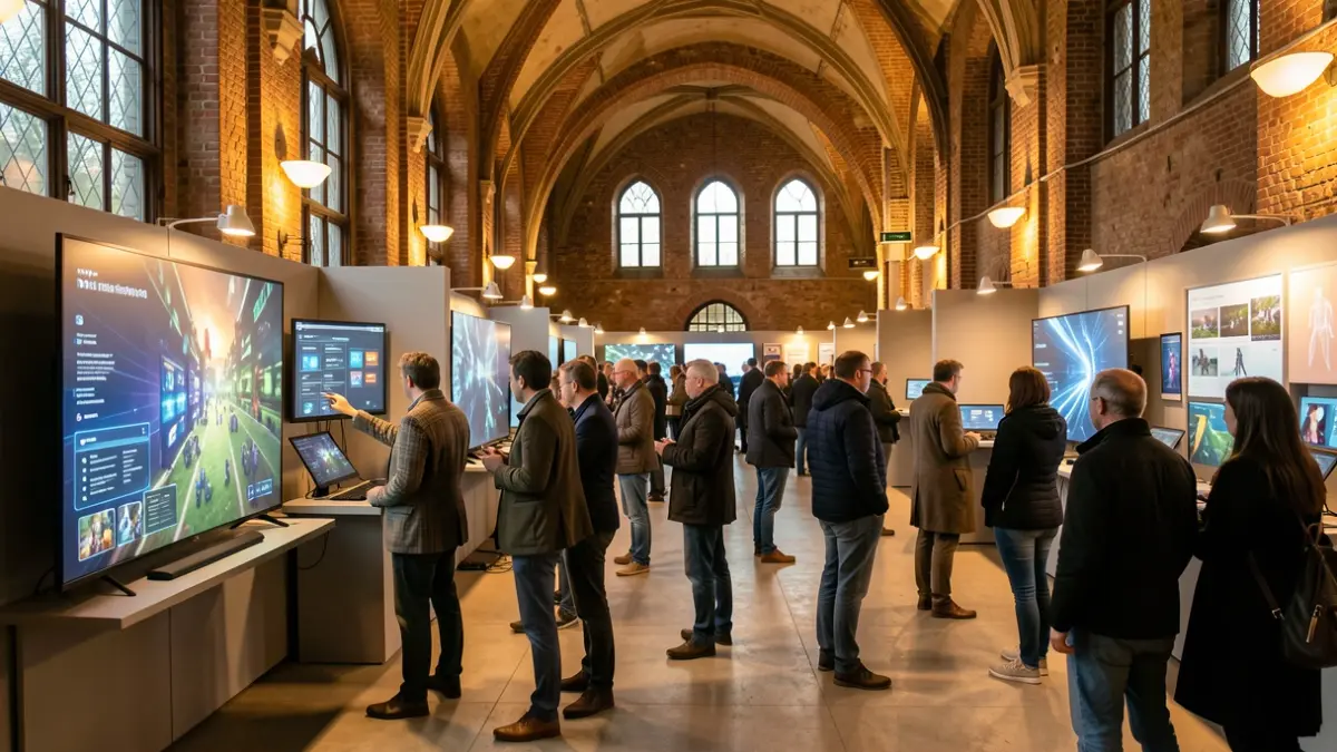 Interactive technology exhibition in a former hospital in Kortrijk, featuring games, health screening tools, and projections.
