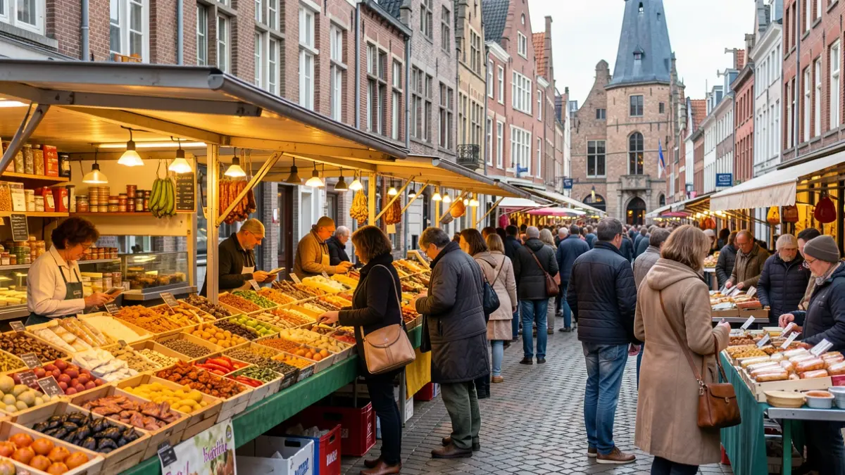A vibrant food market scene in Gent, Belgium, with stalls showcasing diverse culinary products and people interacting. Focus on the atmosphere of discovery and local flavors, with traditional Flemish architecture in the background. Warm, inviting lighting.