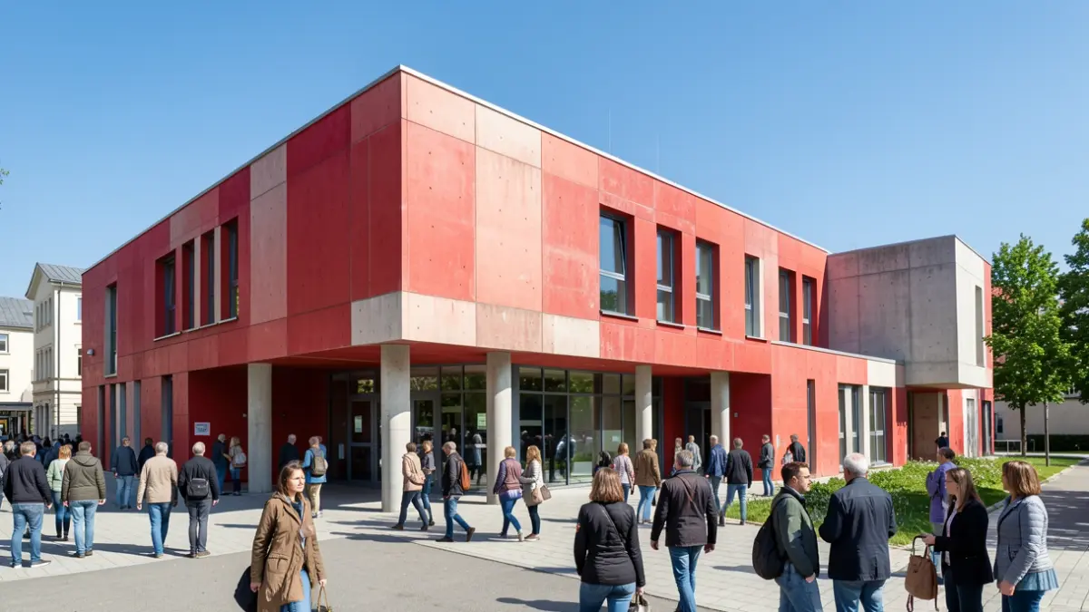 New extension of GBS De Klinker in Riemst with a red concrete facade.