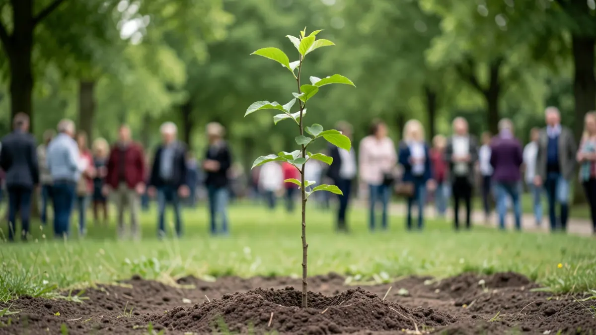 Een jonge boom wordt geplant in een groene omgeving in Vlaanderen.