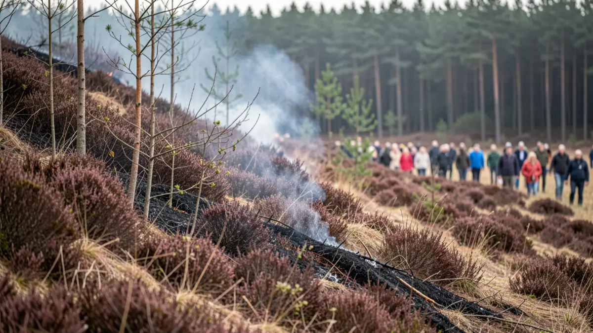 Controlled prescribed burn on a dry slope with dead heather and rising smoke in a nature reserve in Flanders.