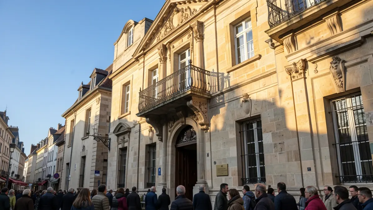 Generic image of a Flemish town hall facade with an ornate balcony and iron railings, in warm afternoon light.