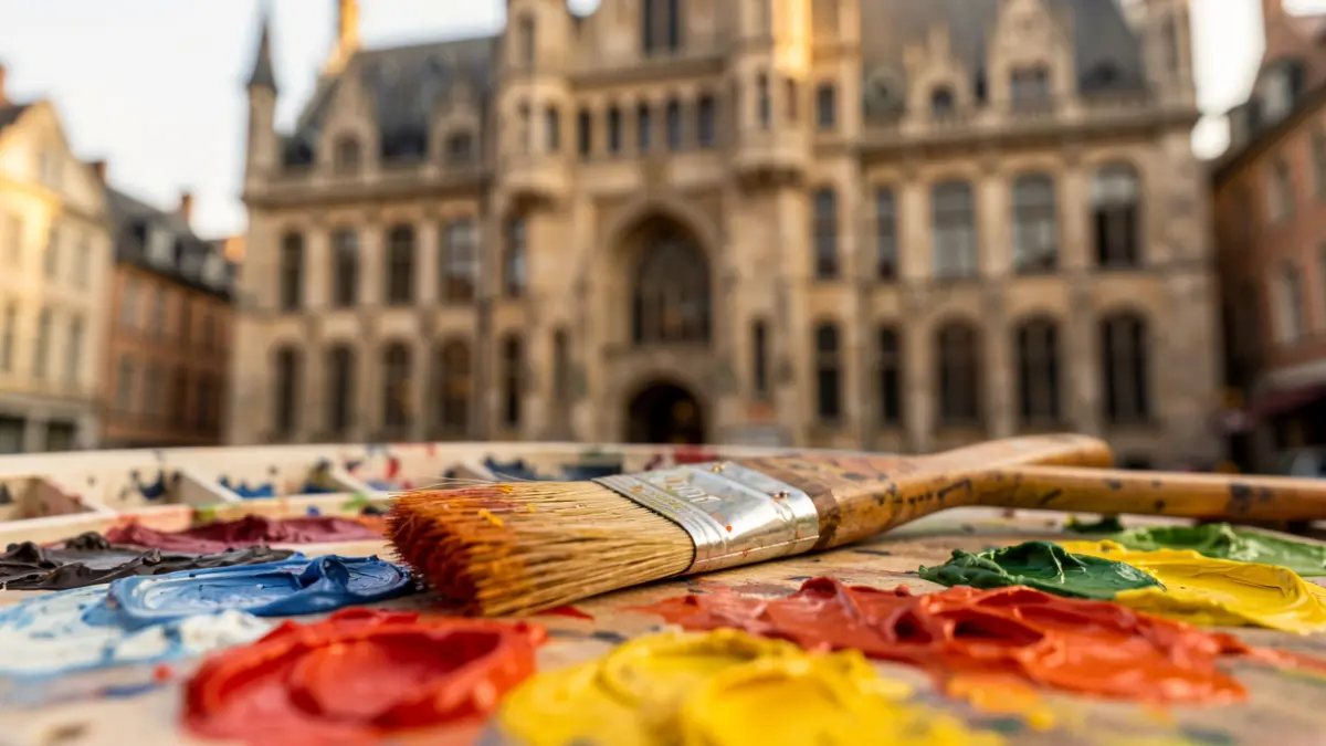 Close-up van een penseel op een palet met verf, met op de achtergrond de gevel van een Vlaams stadhuis.