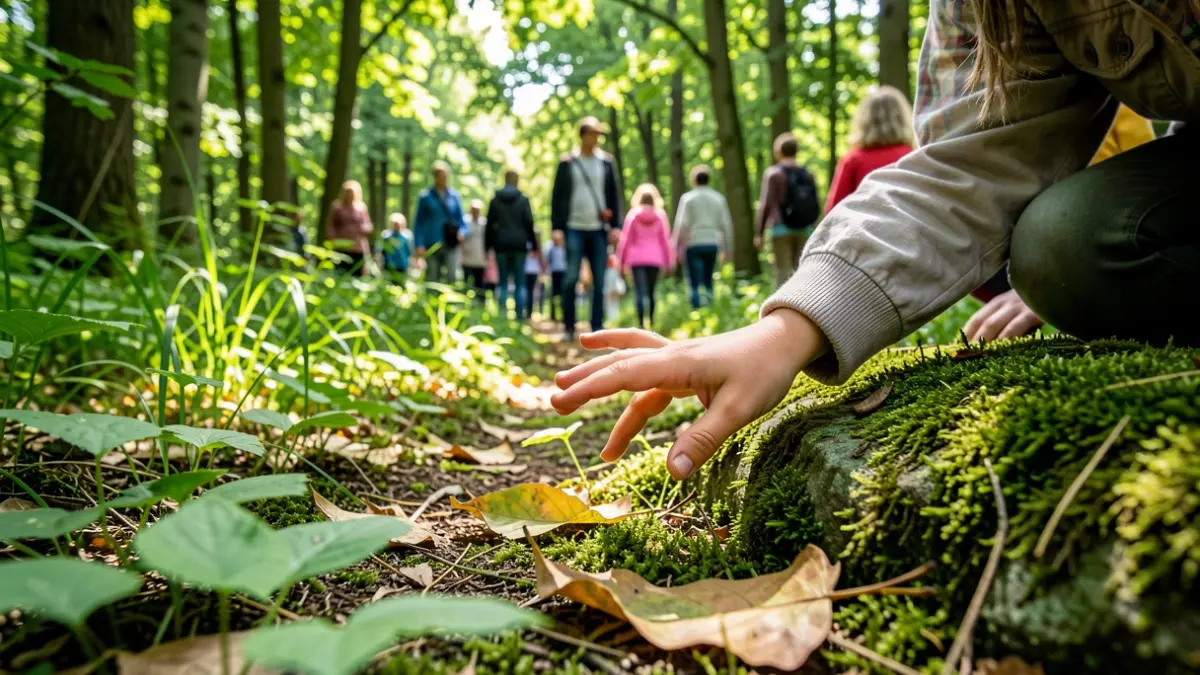 A forest path in Flanders with sunlight filtering through the leaves, and a child's hand reaching towards a natural element.