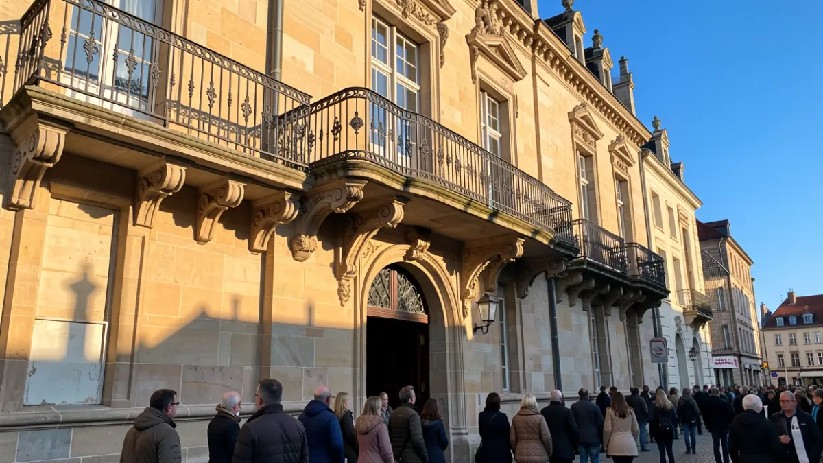 Generic image of a Flemish town hall facade with an ornate balcony and iron railings, in warm afternoon sunlight.