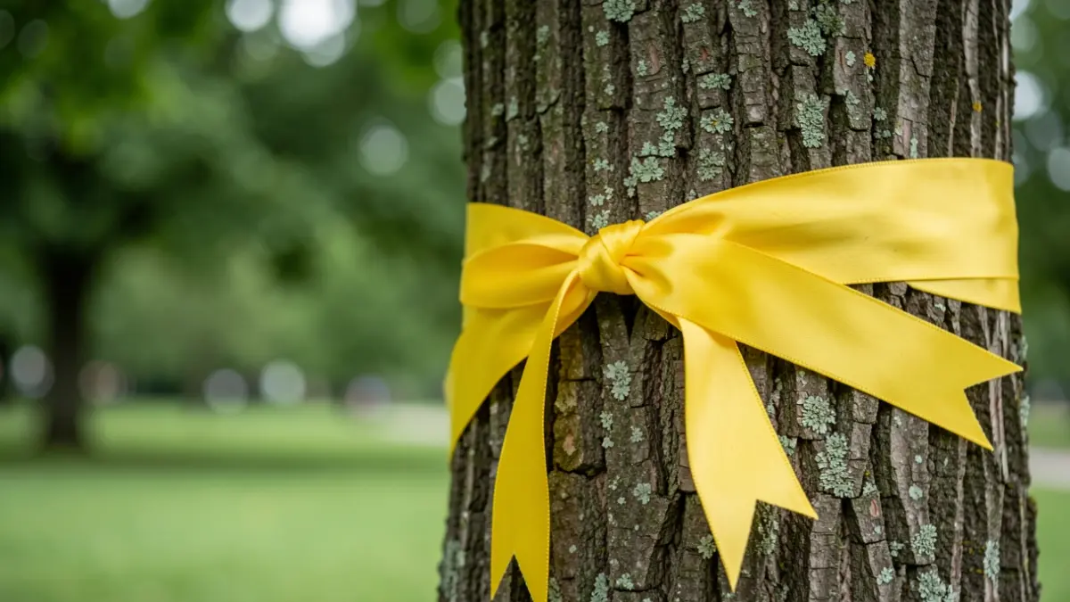 A yellow ribbon tied around a tree trunk in a park, with soft, blurred green foliage in the background. The lighting suggests a gentle, overcast day, evoking a sense of support and community.