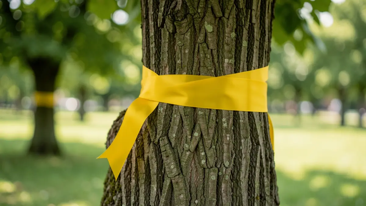 Generieke afbeelding van een geel lintje dat rond een boomstam is gebonden in een park, met een zachte focus op de groene achtergrond en zacht daglicht.