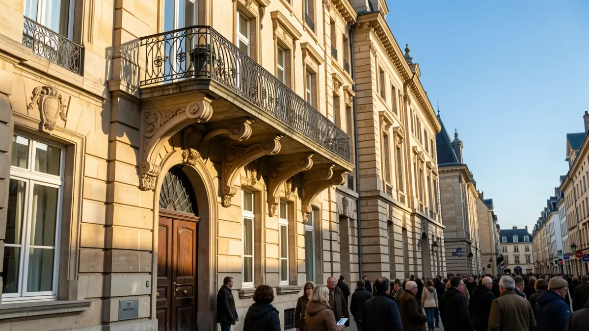 Stone facade of a Vlaanderen town hall with an ornate balcony and iron railings, warm afternoon sunlight casting shadows on the sandstone walls, blue sky, documentary photography style.
