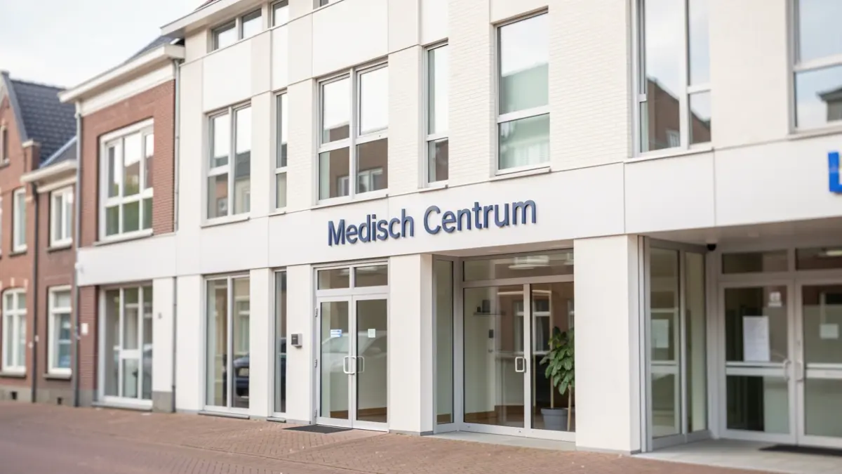 Generic image of the facade of a modern medical center in a Flemish municipality, with clear signage.