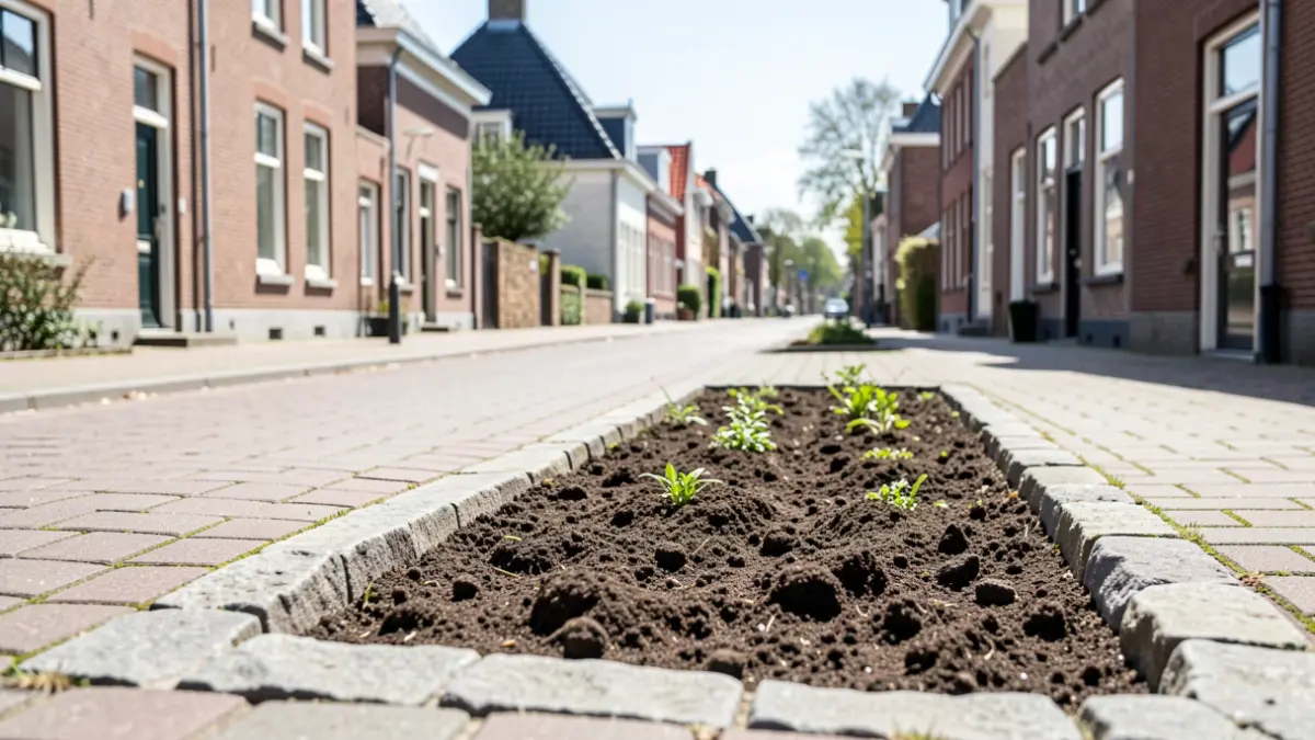 Een voorbereid plantvak voor een geveltuin in Dentergem, met een boordsteen en teelaarde.