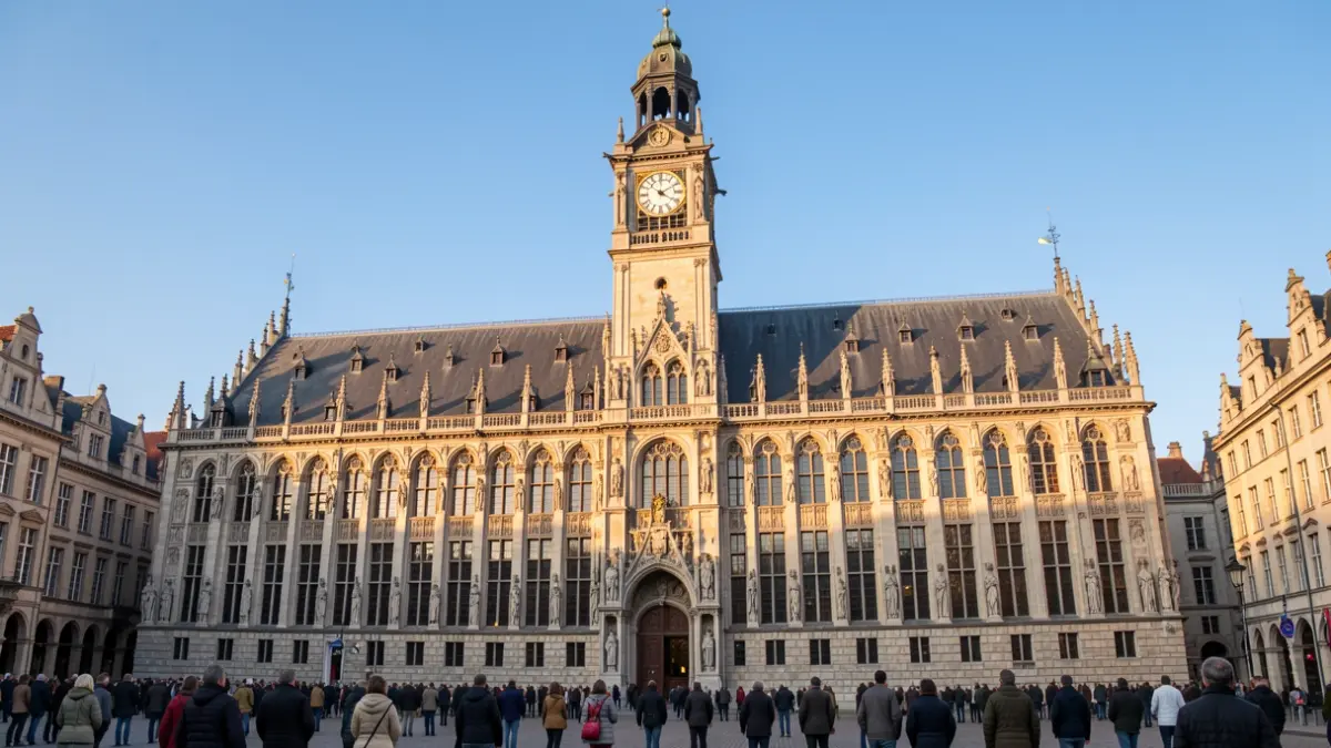 Het stadhuis van Edegem met een klokkentoren en sierlijke details, in het warme licht van de late namiddag.