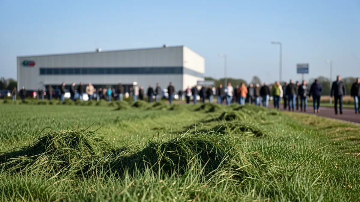 Generieke afbeelding van groene bermen met vers gemaaid gras, met op de achtergrond een vage industriële structuur onder een blauwe hemel.