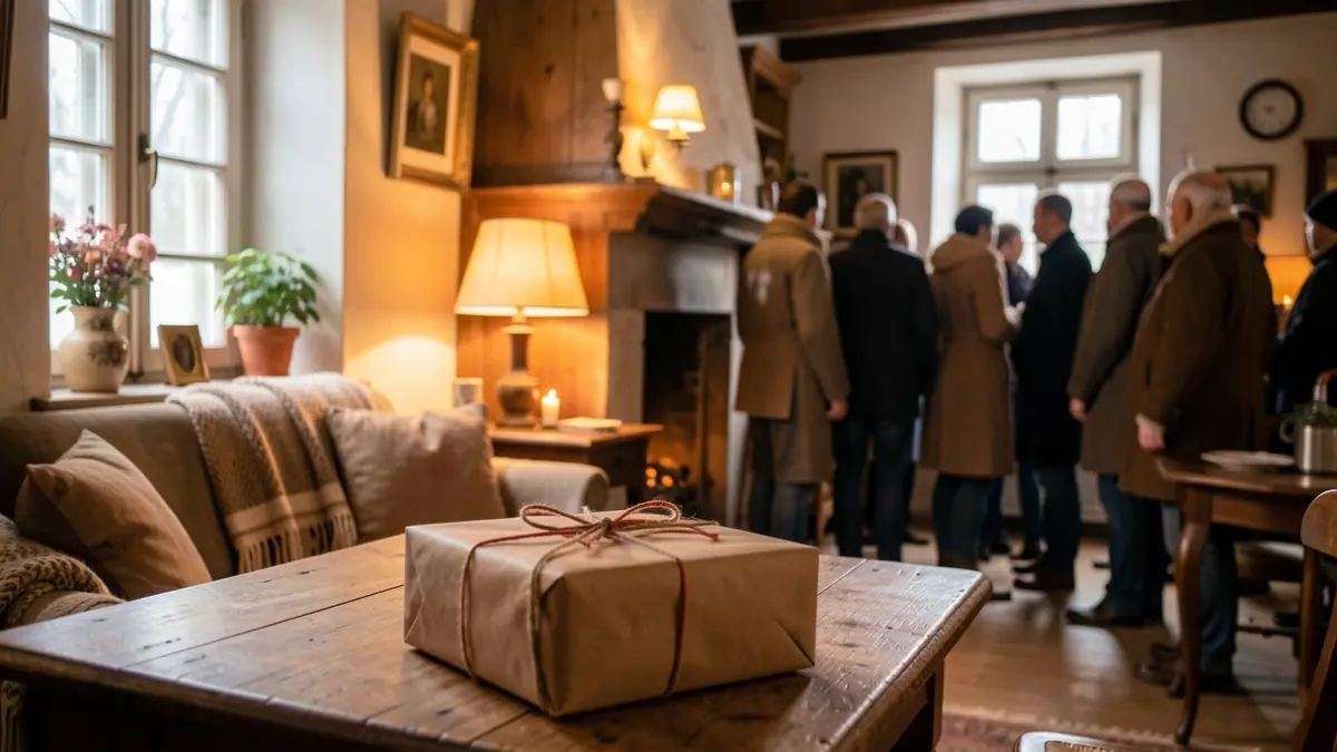 Generieke afbeelding van een warme en gezellige interieursfeer in een Vlaamse woning tijdens de winter, met zachte verlichting en een klein, ingepakt geschenk op een tafel. De focus ligt op de sfeer van zorg en verbinding.