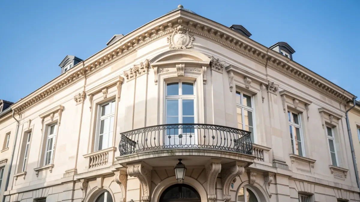 Generieke afbeelding van de gevel van een Belgisch gemeentehuis met sierlijke details en een balkon, onder een heldere blauwe hemel. Zacht, natuurlijk daglicht. Focus op de architectuur.