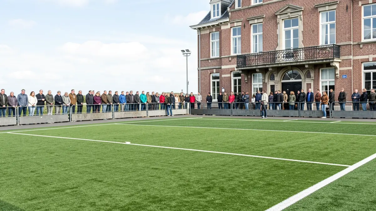 Generic image of a modern artificial turf field in Flanders with a typical Flemish town hall facade in the background.