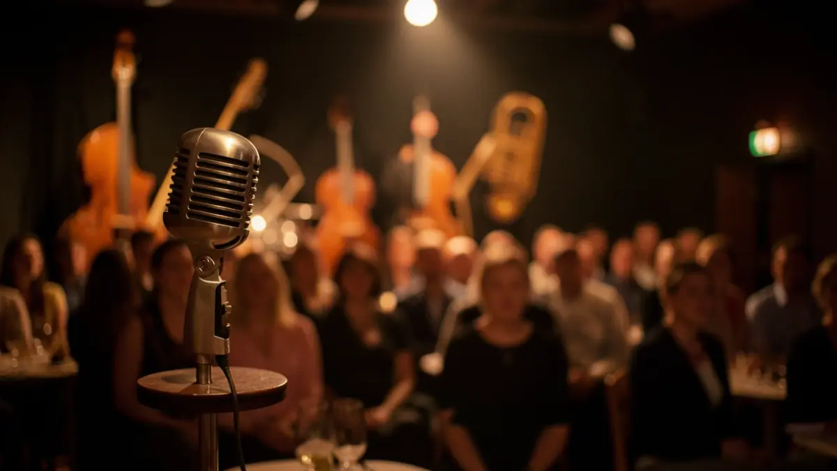 Generic image of a jazz club with a microphone on a stand.