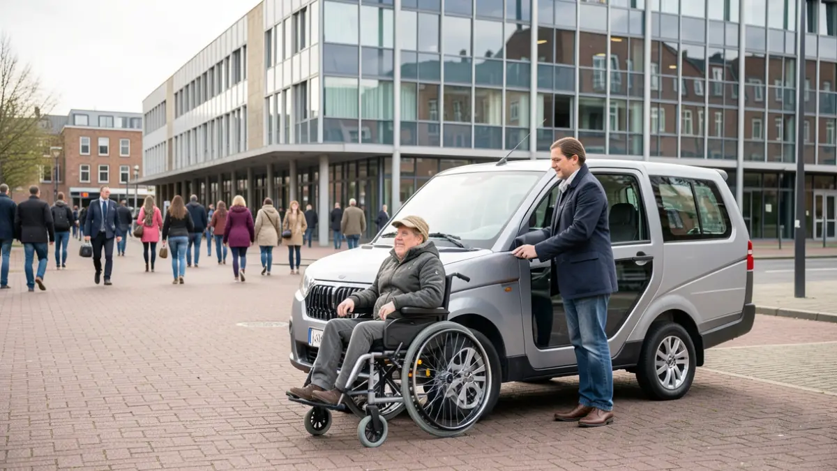 Generic image of a person in a wheelchair being assisted by a driver next to an adapted vehicle, in front of a modern municipal building in Flanders.