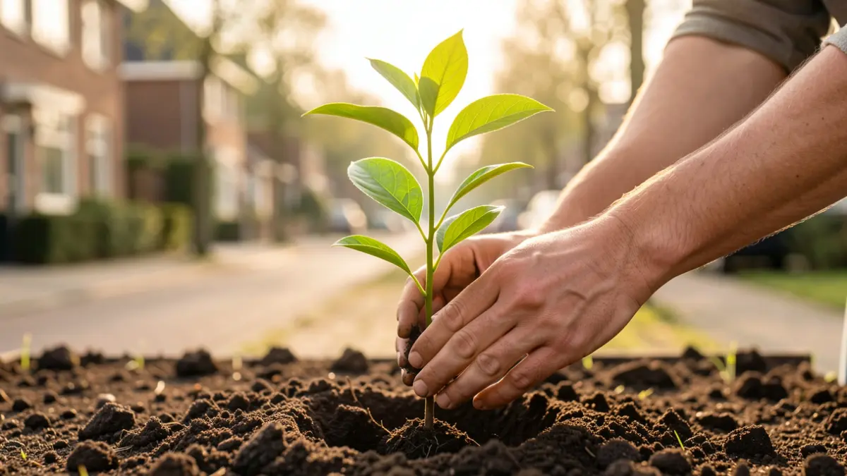 Generic image of a young tree being planted in the soil, with a blurred background of a Flemish street. Warm sunlight emphasizes growth and community effort.