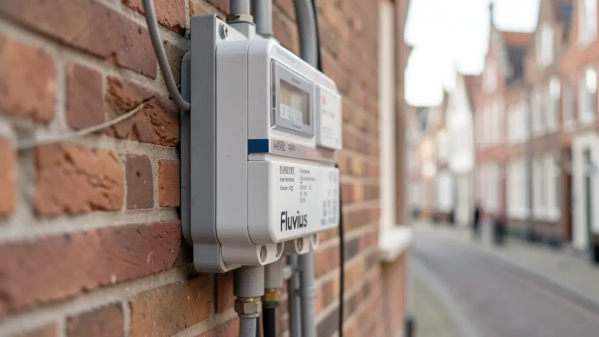 Generieke afbeelding van een elektriciteitsmeter van Fluvius op een bakstenen muur, met vervaagde kabels en een hint van een Vlaamse straat op de achtergrond. Zacht, natuurlijk daglicht. Focus op de meter en het aansluitpunt.