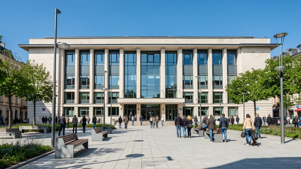 Moderne gemeentelijke architectuur met een vernieuwd dorpsplein.