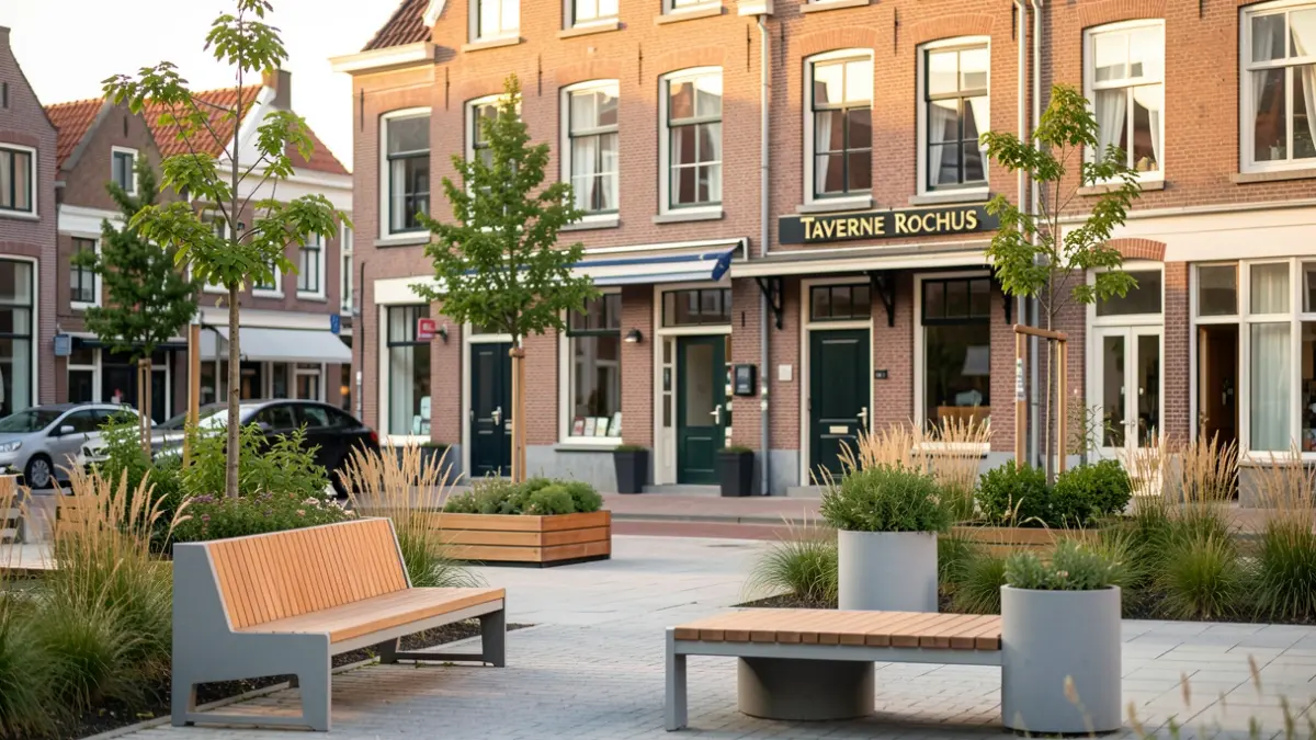 A vibrant, modern town square in Flanders with a newly renovated public space and Taverne Rochus in the background.