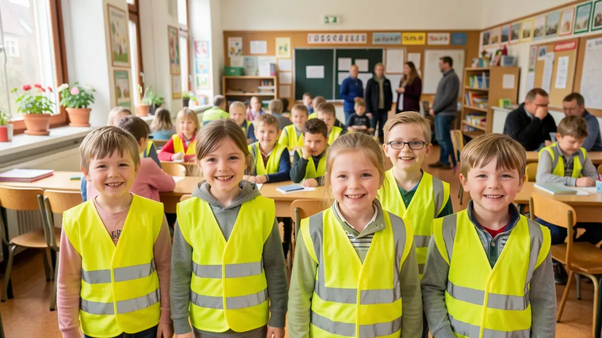 Generic image of a classroom in Flanders with children wearing high-visibility vests.